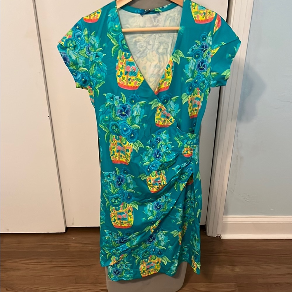 Blue and Green Ruched Wrap Sundress with V-Neck